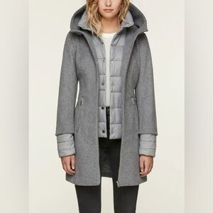 NWT Soia & Kyo Rooney Hooded Mixed Media Coat in Ash Grey Large